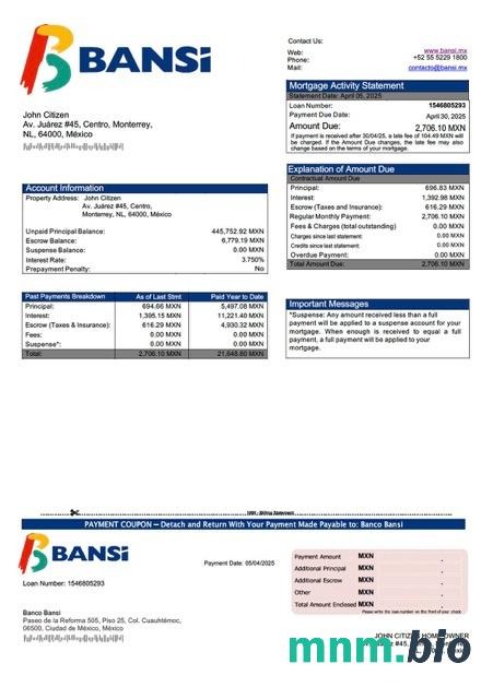 Meksyk Banco Bansi wyciąg z kredytu hipotecznego szablon Word i PDF